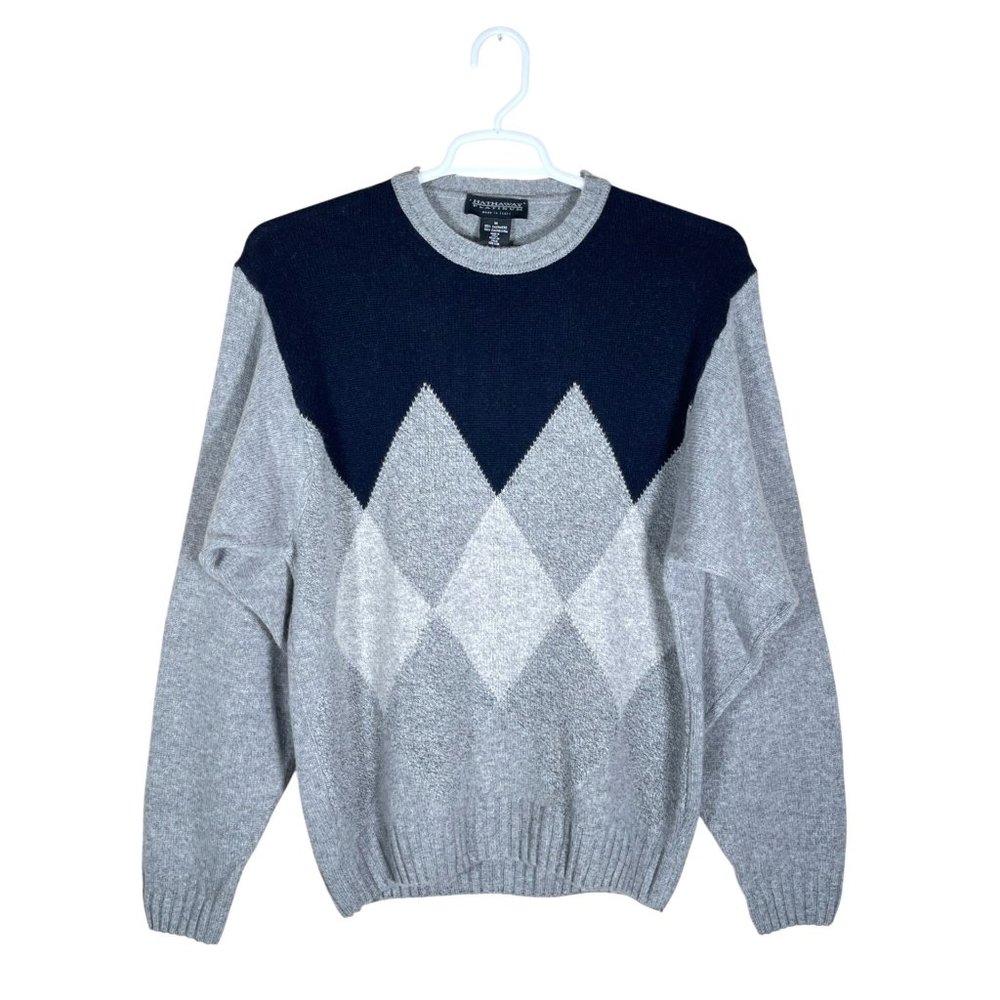 HATHAWAY PLATINUM Crewneck Argyle Sweater 100% Cashmere Made in Italy